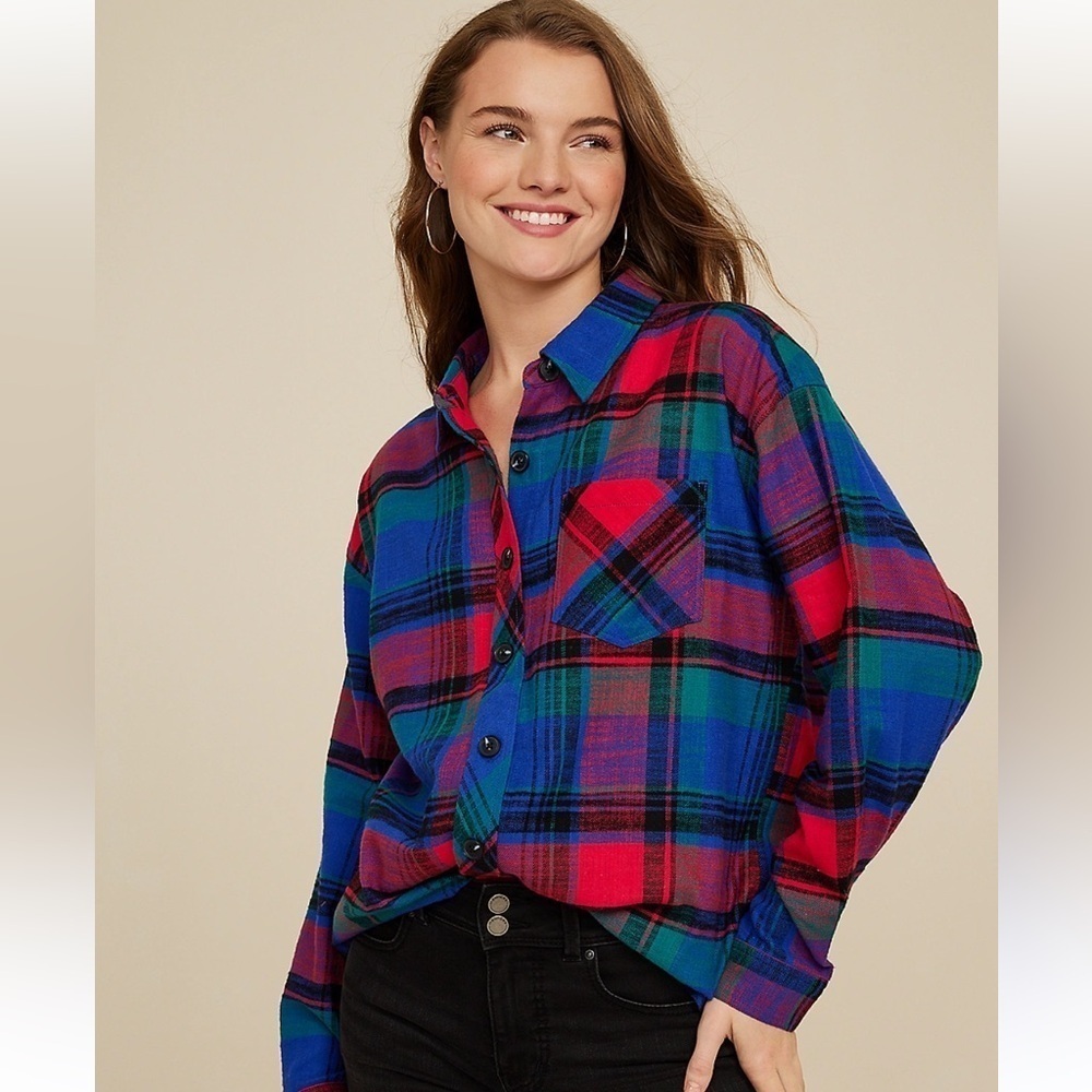 Cabin Plaid Boyfriend Flannel Tunic Button Up NWT Womens 1X Cabincore Cozy